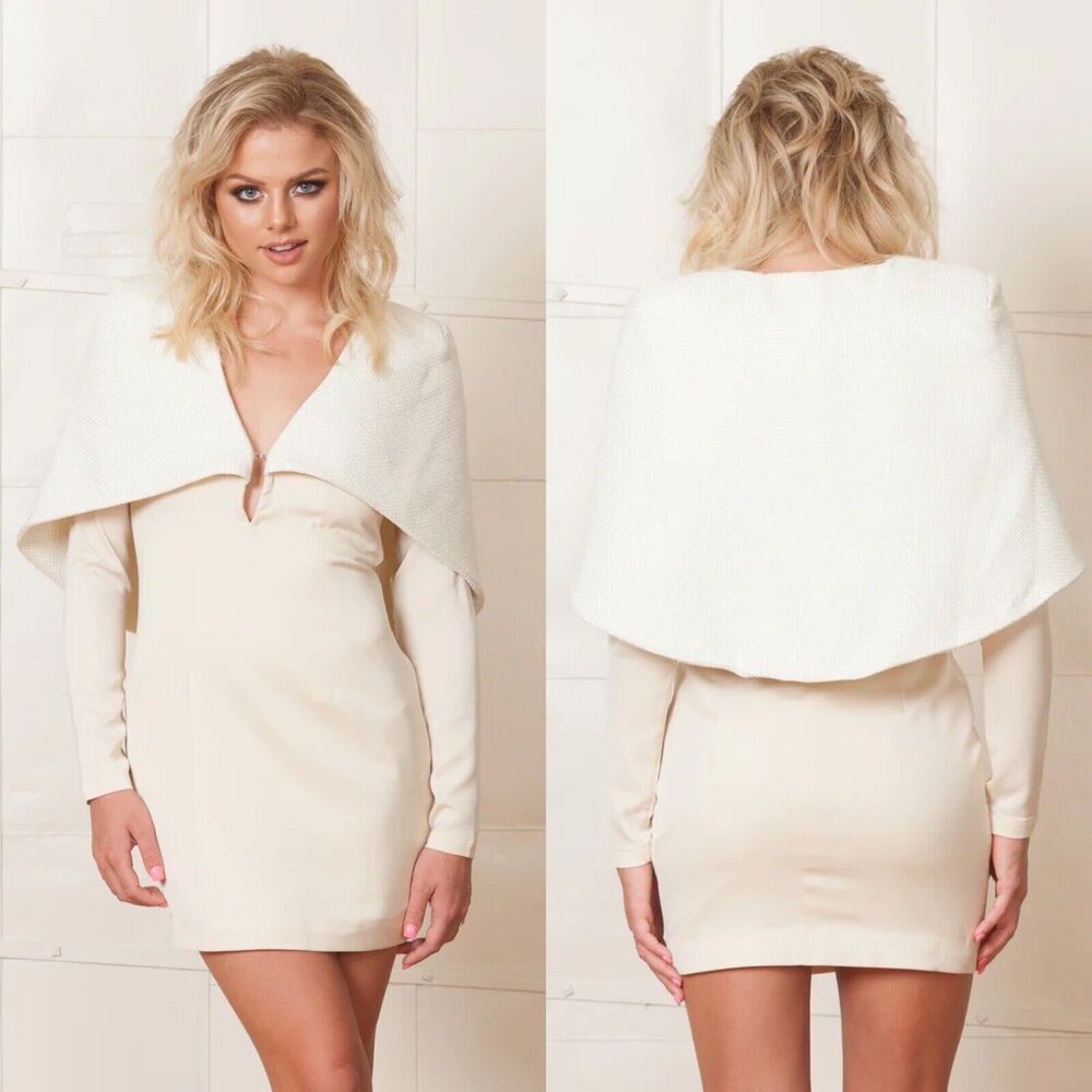 ASILIO Women S 4 Almost Famous Dress Nude Cream Long Sleeve Cape Mini Plunge NEW